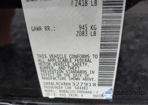 2019 Nissan Altima 2.5 Sr z USA, uszkodzony, nr VIN 1N4BL4CV8KN327918